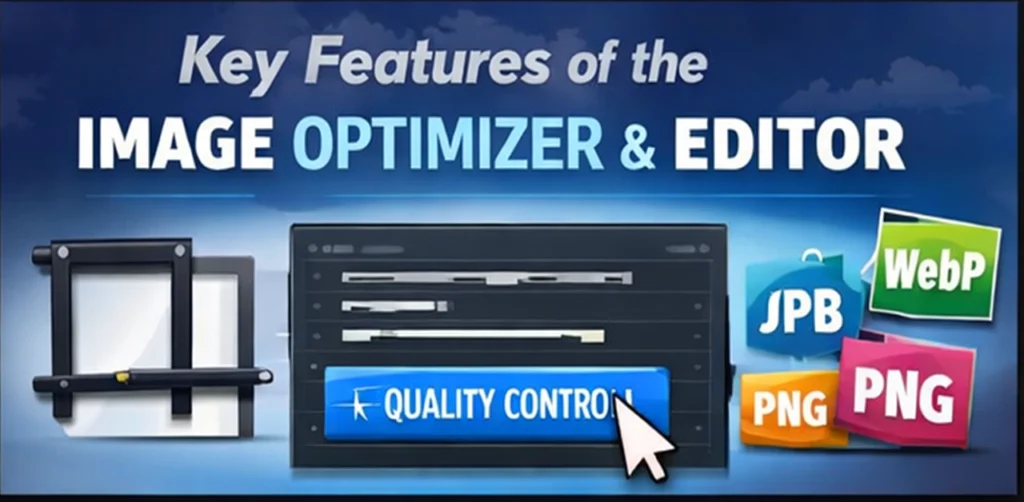 Online image optimizer and editor features including resize, quality control, and JPG PNG WebP format conversion tools