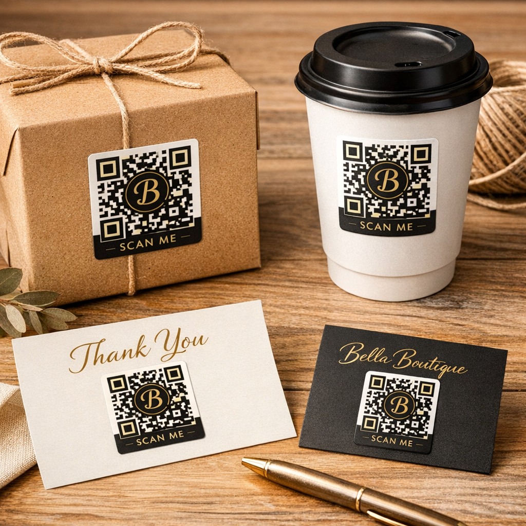 Custom QR code stickers used on product packaging, coffee cups, and business cards