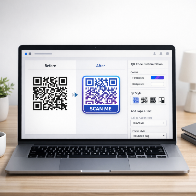Laptop showing a free QR code editor with a branded custom QR code preview