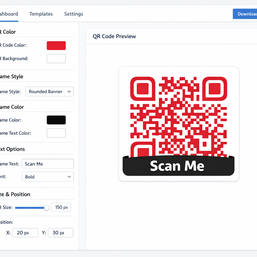 Step by step QR code editor workflow with color, frame, text, and resize controls