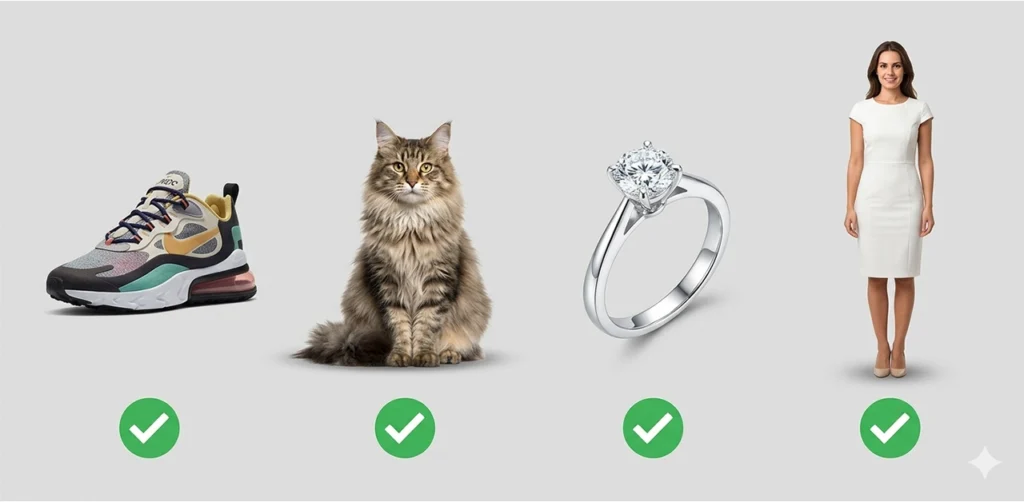 A collage grid showing different objects (shoes, pets, jewelry).