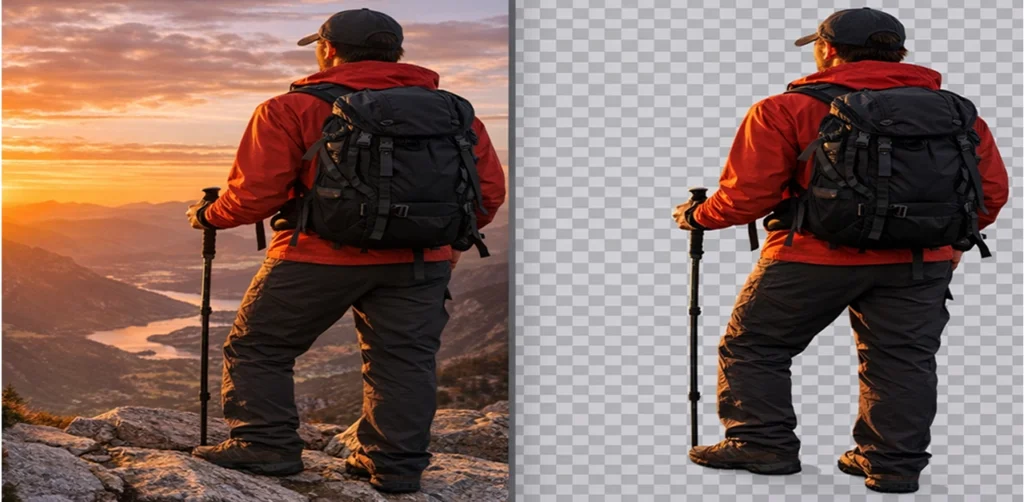 Comparison of a photo before and after using DigiBesti free AI background remover tool showing perfect edge detection.