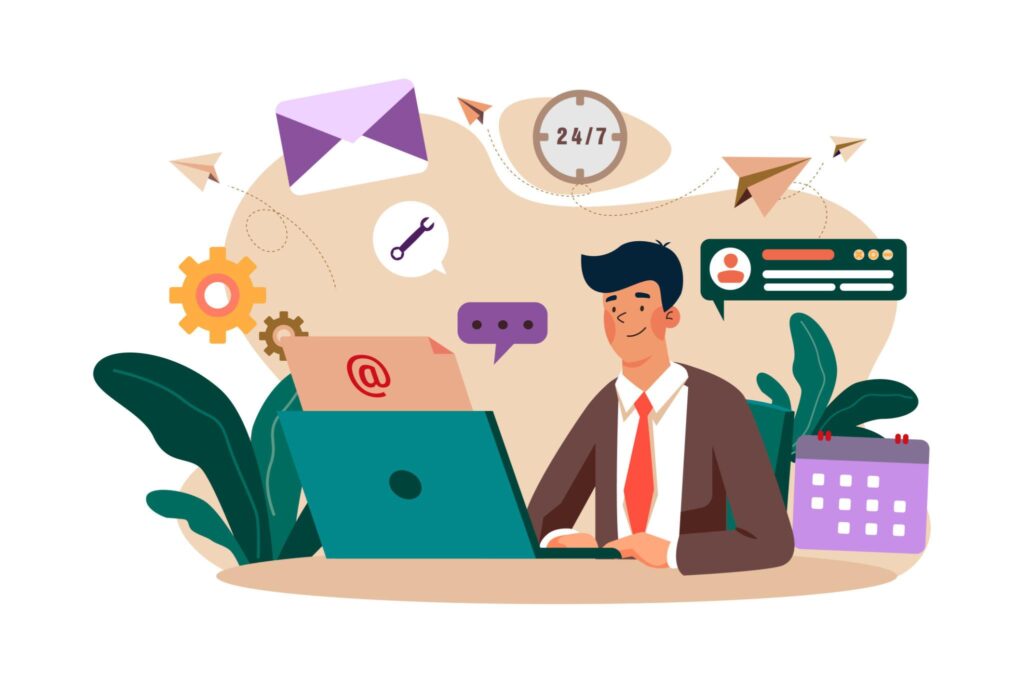 Digital customer support team assisting users via chat and email