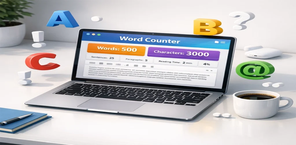 Digital dashboard of a Letter Counter Free tool showing word and character count