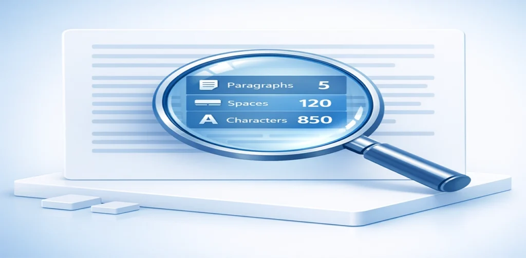 Infographic showing character count including spaces and paragraph counter features